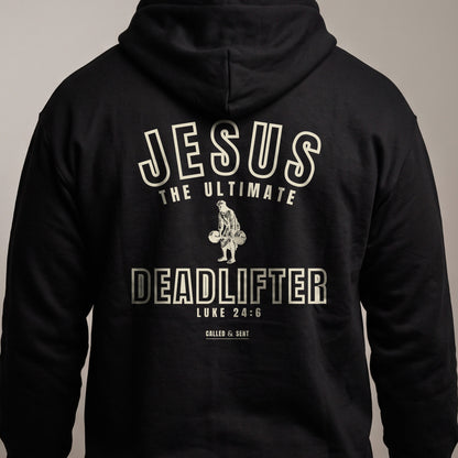 Detail of the back print: Jesus the Ultimate Deadlifter, Luke 24:6, Called and Sent sign-off