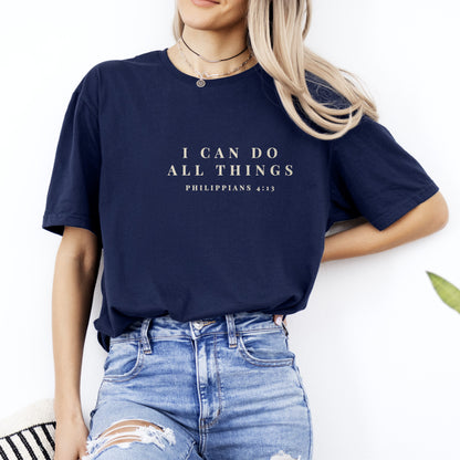 I Can Do All Things Christian gym shirt, Navy, worn by a woman, small quiet chest print, Philippians 4:13