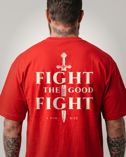 Fight The Good Fight heavyweight tee, Red, 6 oz Ultra Cotton boxy classic cut, plain front and bone ink FIGHT THE GOOD FIGHT sword cross back print, 1 Timothy 6:12