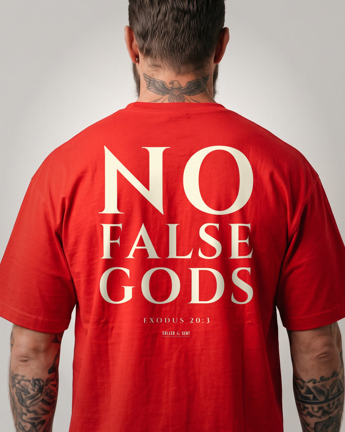 No False Gods heavyweight tee, Red, 6 oz Ultra Cotton boxy classic cut, plain front and bone ink NO FALSE GODS back print, Exodus 20:3