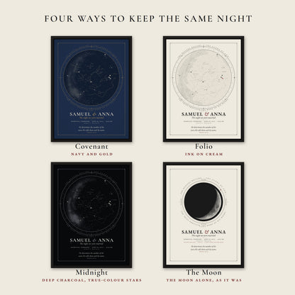 Four ways to keep the same night: Covenant (navy and gold), Folio (ink on cream), Midnight (a deep charcoal night with true-colour stars) and The Moon
