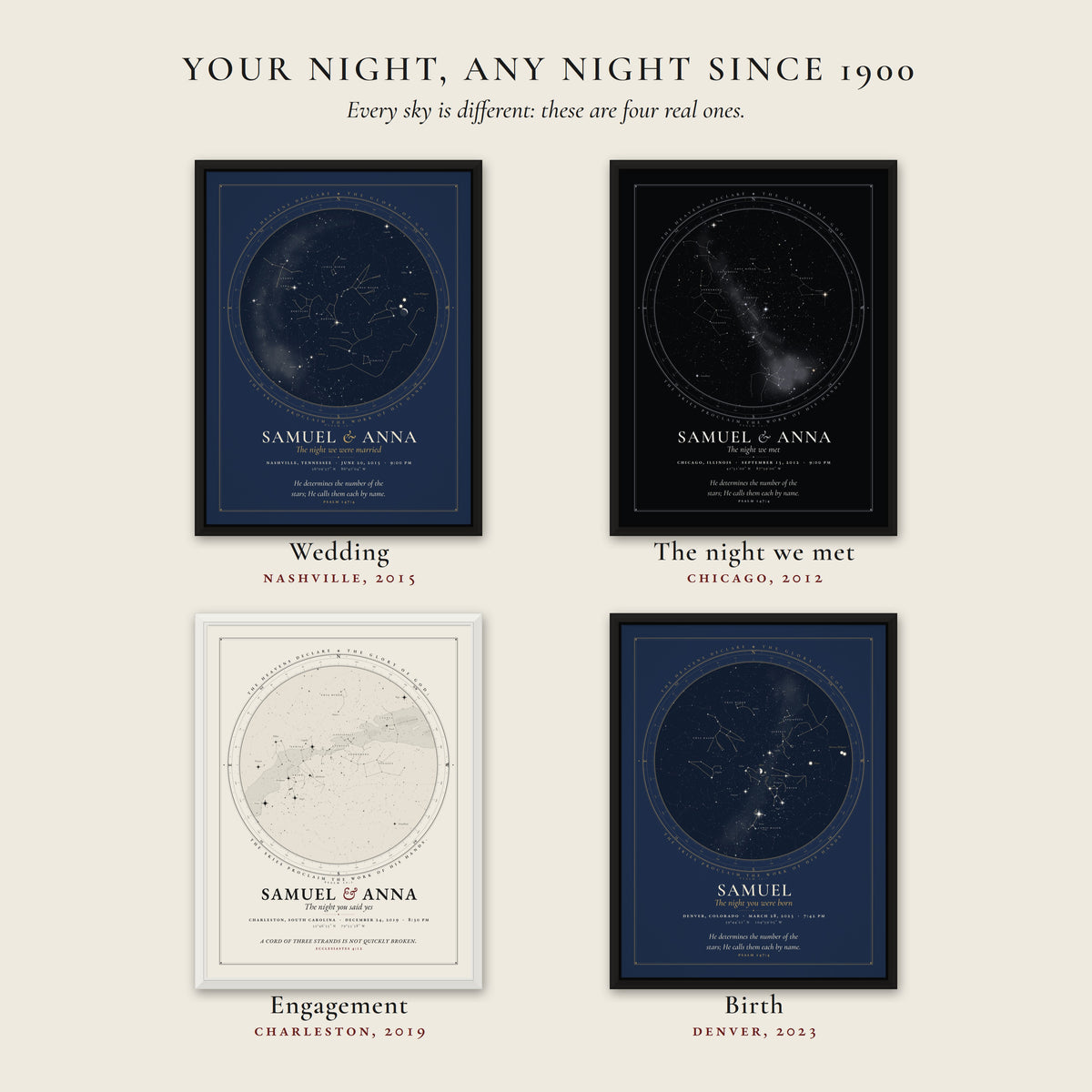 Four real occasions, a wedding, the night we met, an engagement and a birth, each a different sky