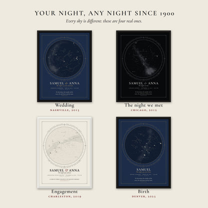 Four real occasions, a wedding, the night we met, an engagement and a birth, each a different sky
