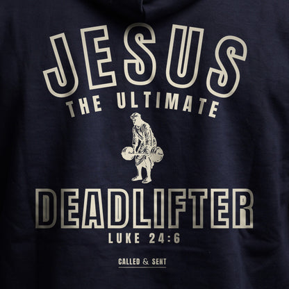 Closeup of the Jesus the Ultimate Deadlifter back print on the Navy hoodie