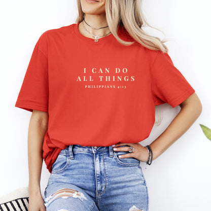 I Can Do All Things Christian gym shirt, Red, worn by a woman, small quiet chest print, Philippians 4:13