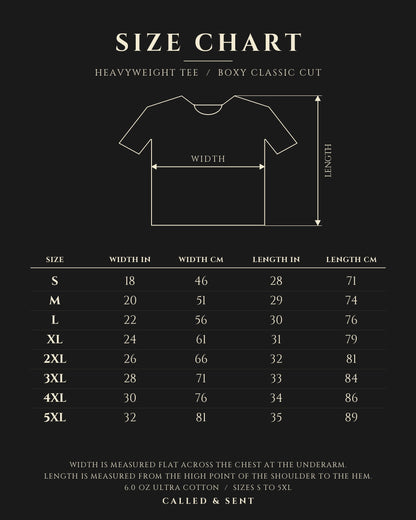 Heavyweight tee size chart, Gildan 2000 Ultra Cotton, sizes S to 5XL, width 18 to 32 inches (46 to 81 cm) and length 28 to 35 inches (71 to 89 cm)