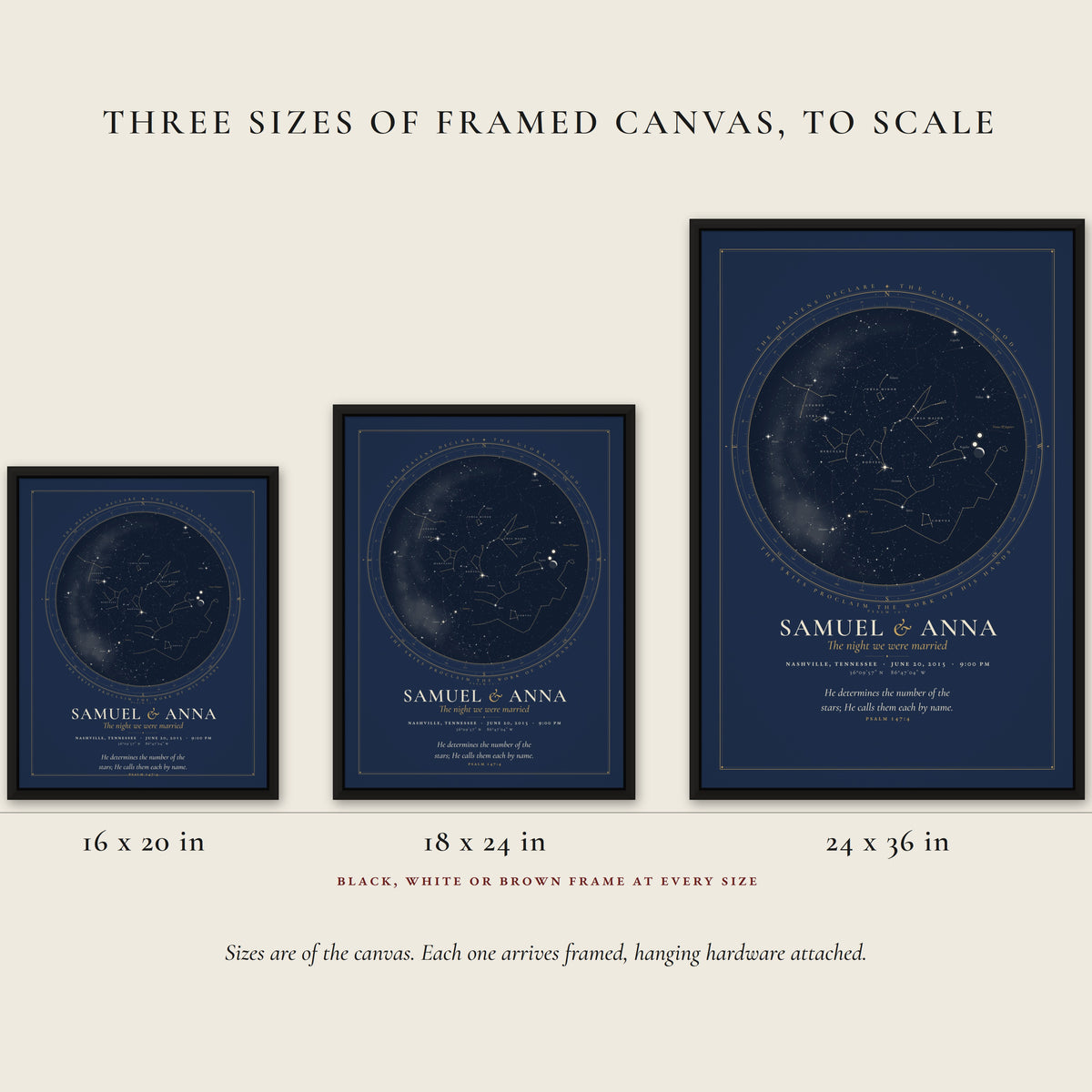 Three sizes of framed canvas shown to scale, 16 x 20, 18 x 24 and 24 x 36 inches