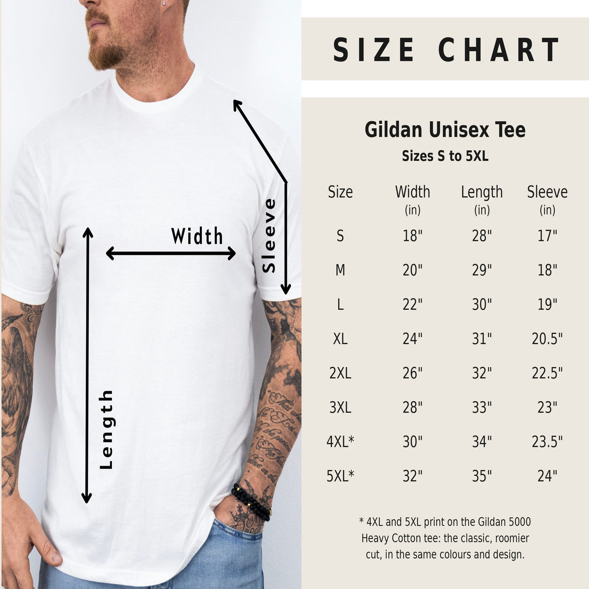I Can Do All Things Christian gym shirt size chart, Gildan 64000 Softstyle S to 3XL and Gildan 5000 classic fit 4XL to 5XL, width and length in inches