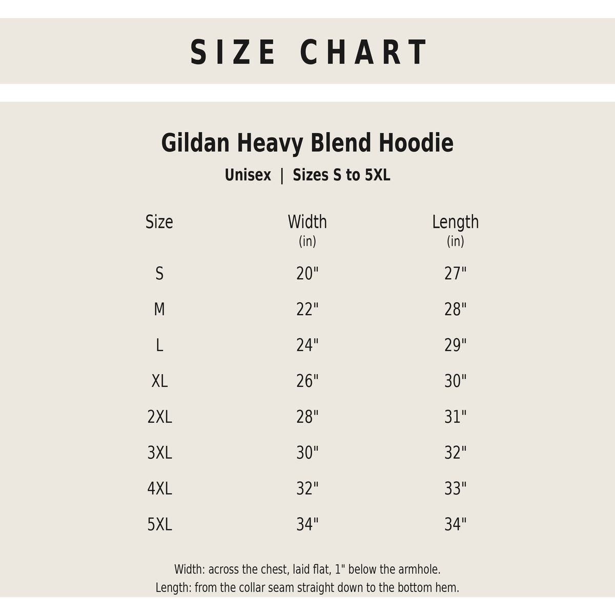 Gildan Heavy Blend hoodie size chart, unisex sizes S to 5XL, width and length in inches