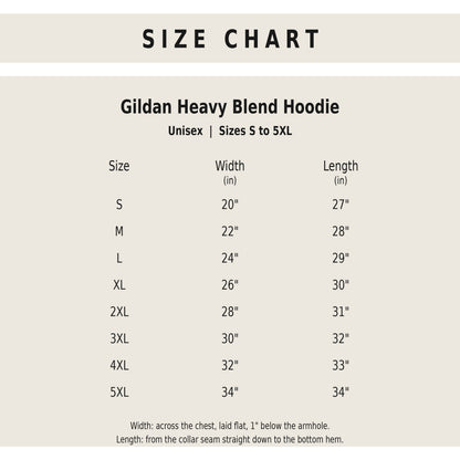 Gildan Heavy Blend hoodie size chart, unisex sizes S to 5XL, width and length in inches