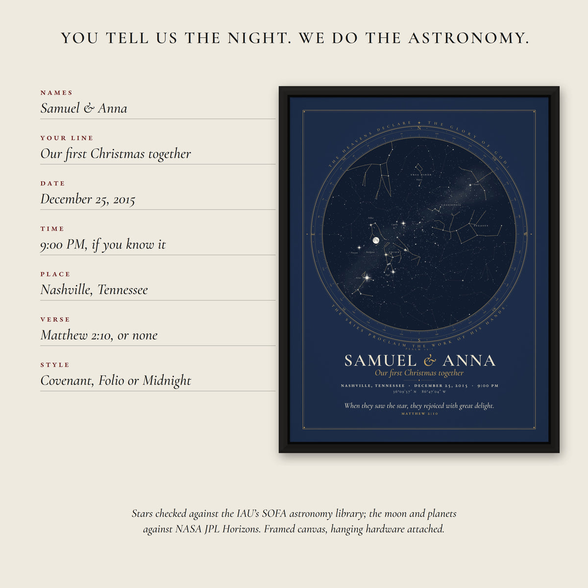 Preview of a Christmas star map in the Covenant style: Samuel and Anna, Our first Christmas together, Nashville, Tennessee, December 25, 2015, with Matthew 2:10 beneath the chart
