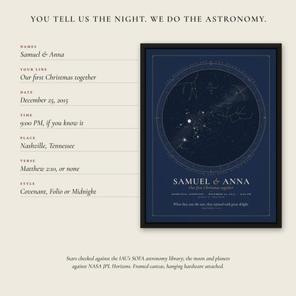 Preview of a Christmas star map in the Covenant style: Samuel and Anna, Our first Christmas together, Nashville, Tennessee, December 25, 2015, with Matthew 2:10 beneath the chart