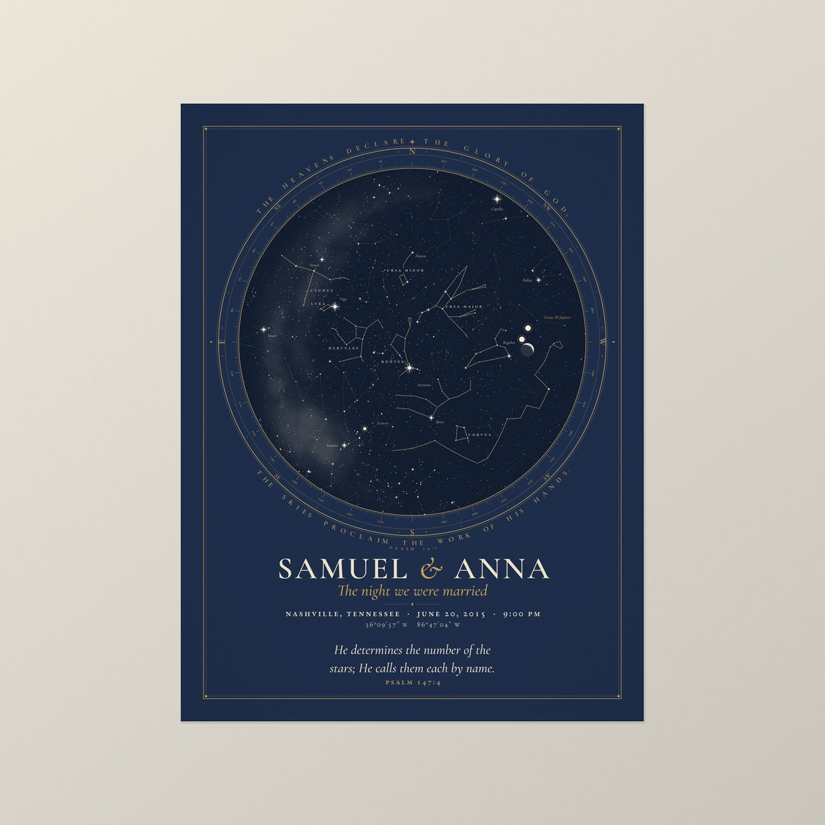 Unframed 18 x 24 in night sky print in the Covenant style, deep navy with gold ink, names Samuel and Anna, on a warm wall
