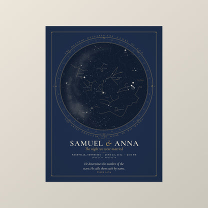 Unframed 18 x 24 in night sky print in the Covenant style, deep navy with gold ink, names Samuel and Anna, on a warm wall