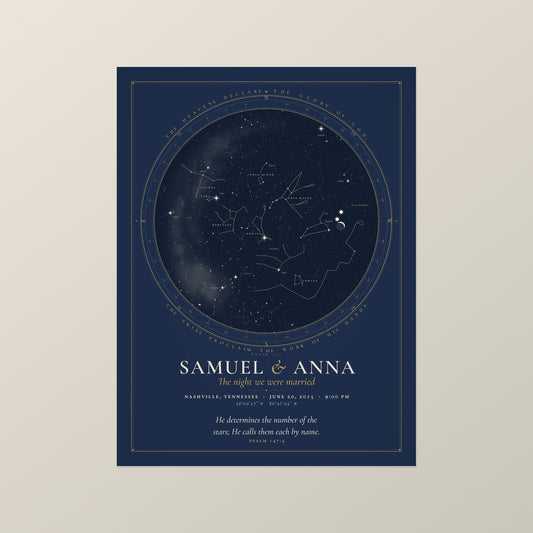 Unframed 18 x 24 in night sky print in the Covenant style, deep navy with gold ink, names Samuel and Anna, on a warm wall