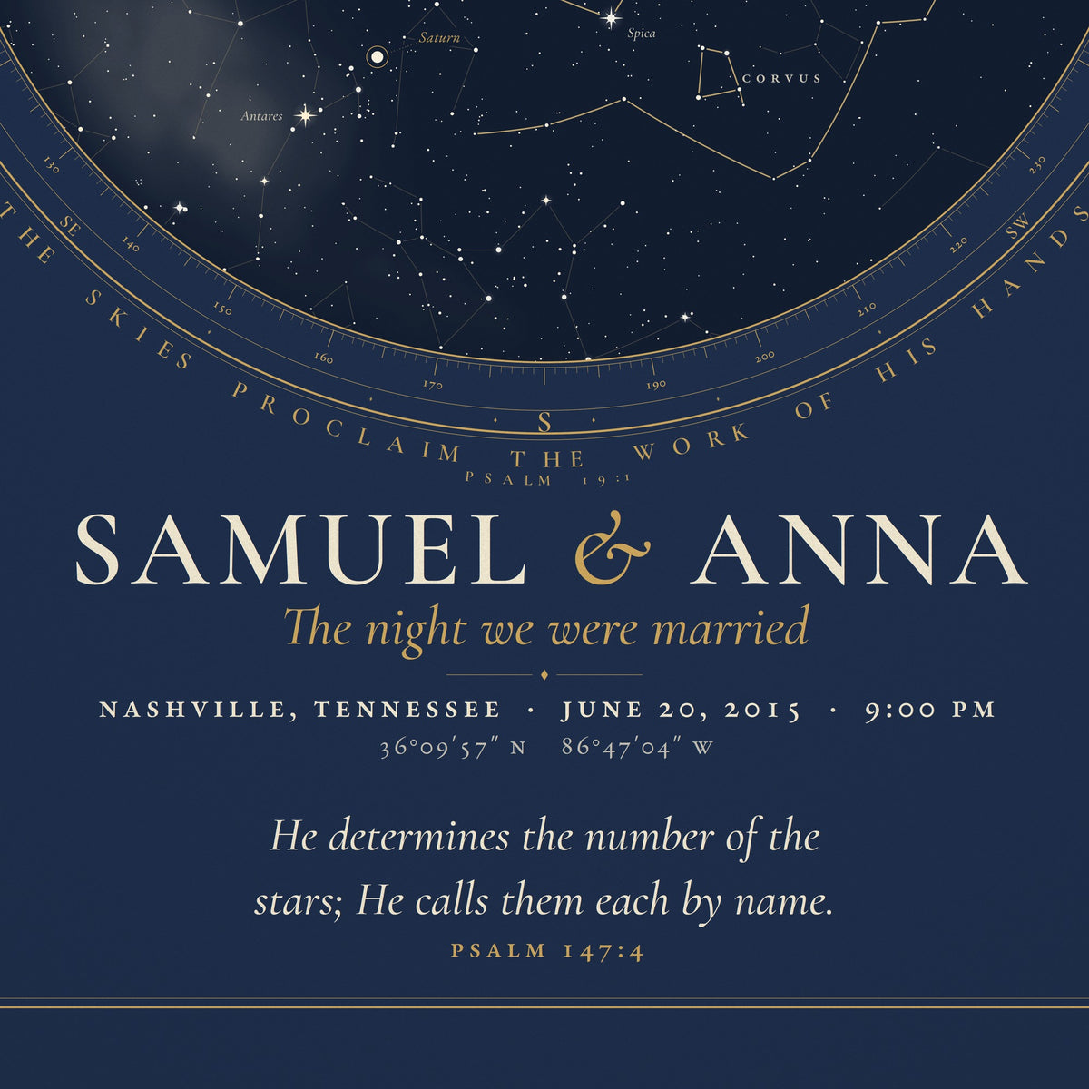 Detail of the unframed print: the names, date, place, coordinates and Psalm 147:4 set in the style of an engraved plate