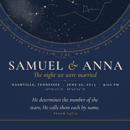 Detail of the unframed print: the names, date, place, coordinates and Psalm 147:4 set in the style of an engraved plate
