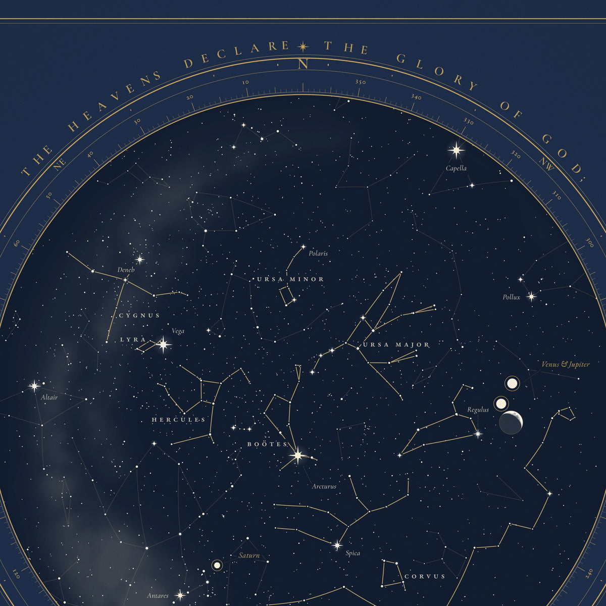 Detail of the unframed print: Psalm 19:1 around the rim of the chart, the degree ring and the constellations
