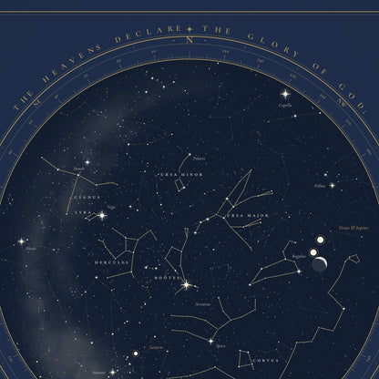 Detail of the unframed print: Psalm 19:1 around the rim of the chart, the degree ring and the constellations