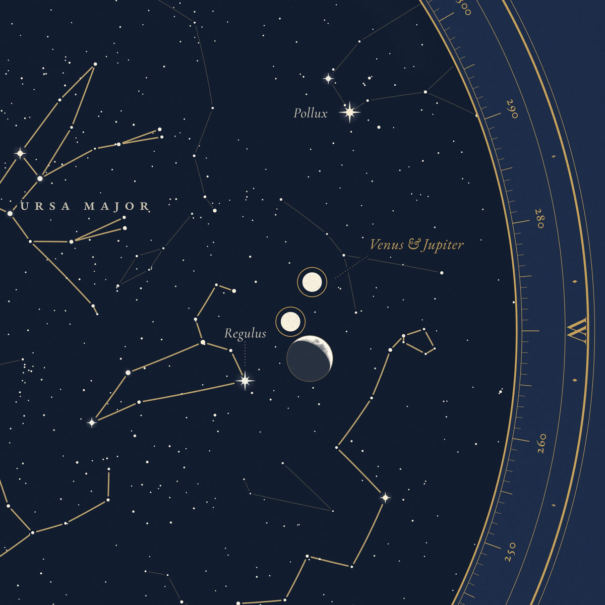 Detail of the unframed print: Venus, Jupiter and a crescent moon where they stood over Nashville that night, with the planets named
