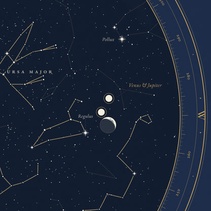 Detail of the unframed print: Venus, Jupiter and a crescent moon where they stood over Nashville that night, with the planets named