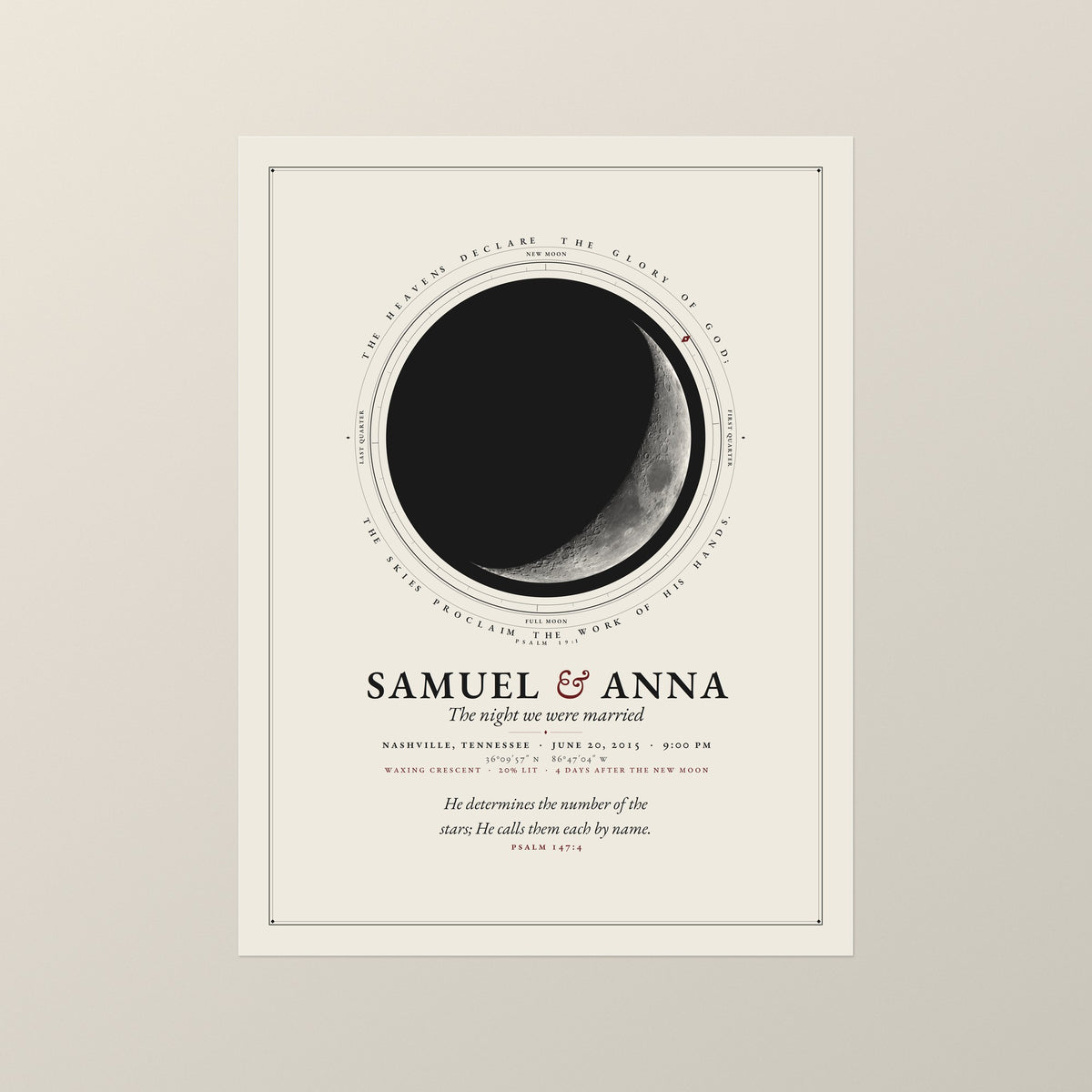 The Moon style of the unframed print: the moon alone, lit as it was that night, ink on cream