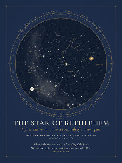 Star chart of the sky over Babylon on the evening of 17 June 2 BC, with Jupiter and Venus drawn close together low in the west, marked with a star.