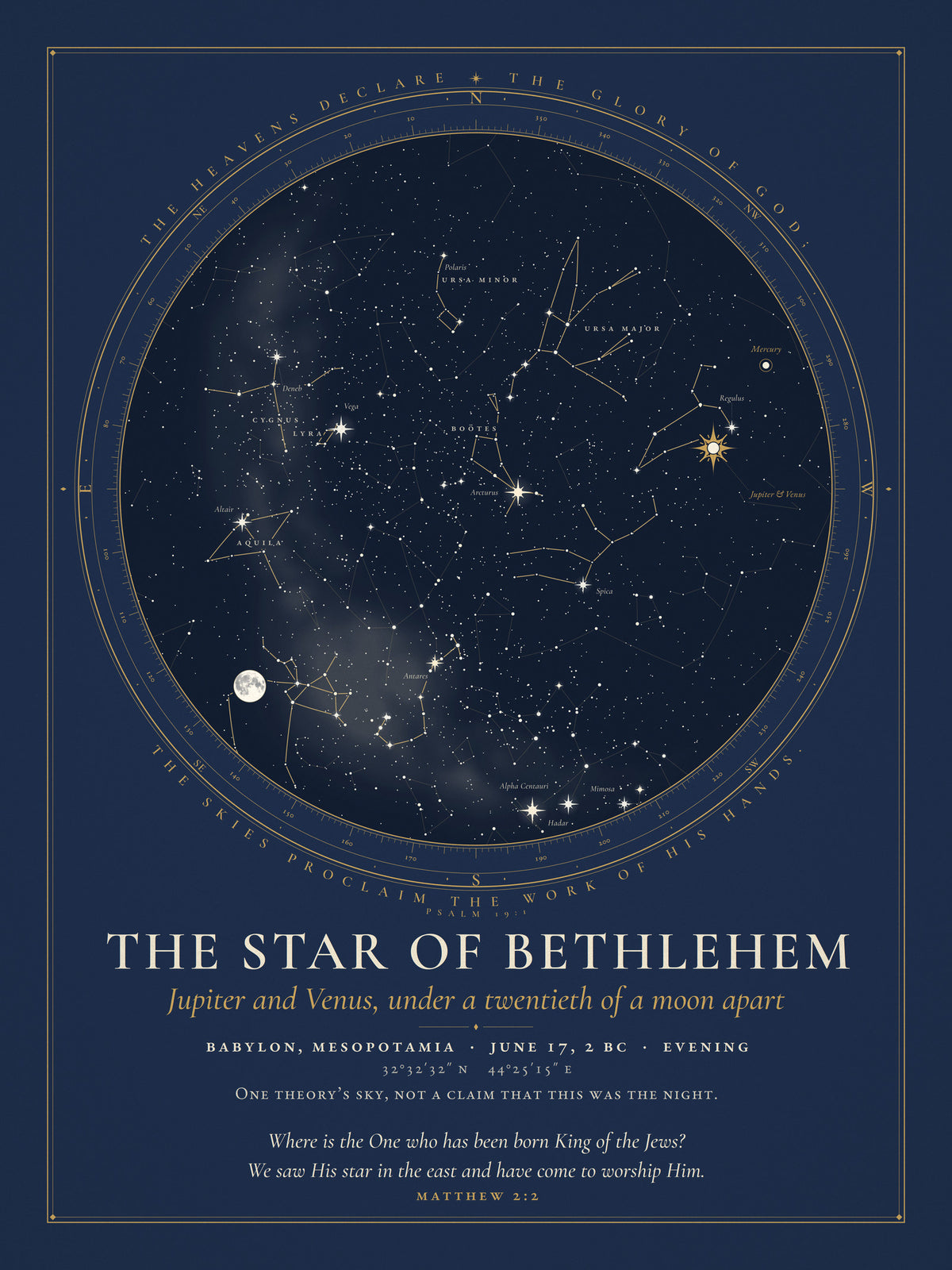 Star chart of the sky over Babylon on the evening of 17 June 2 BC, with Jupiter and Venus drawn close together low in the west, marked with a star. One theory's sky.