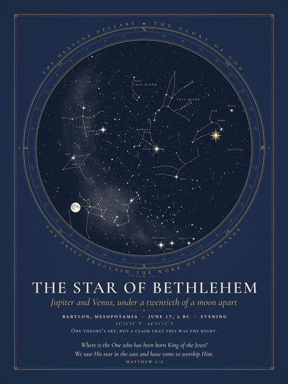 Star chart of the sky over Babylon on the evening of 17 June 2 BC, with Jupiter and Venus drawn close together low in the west, marked with a star. One theory's sky.