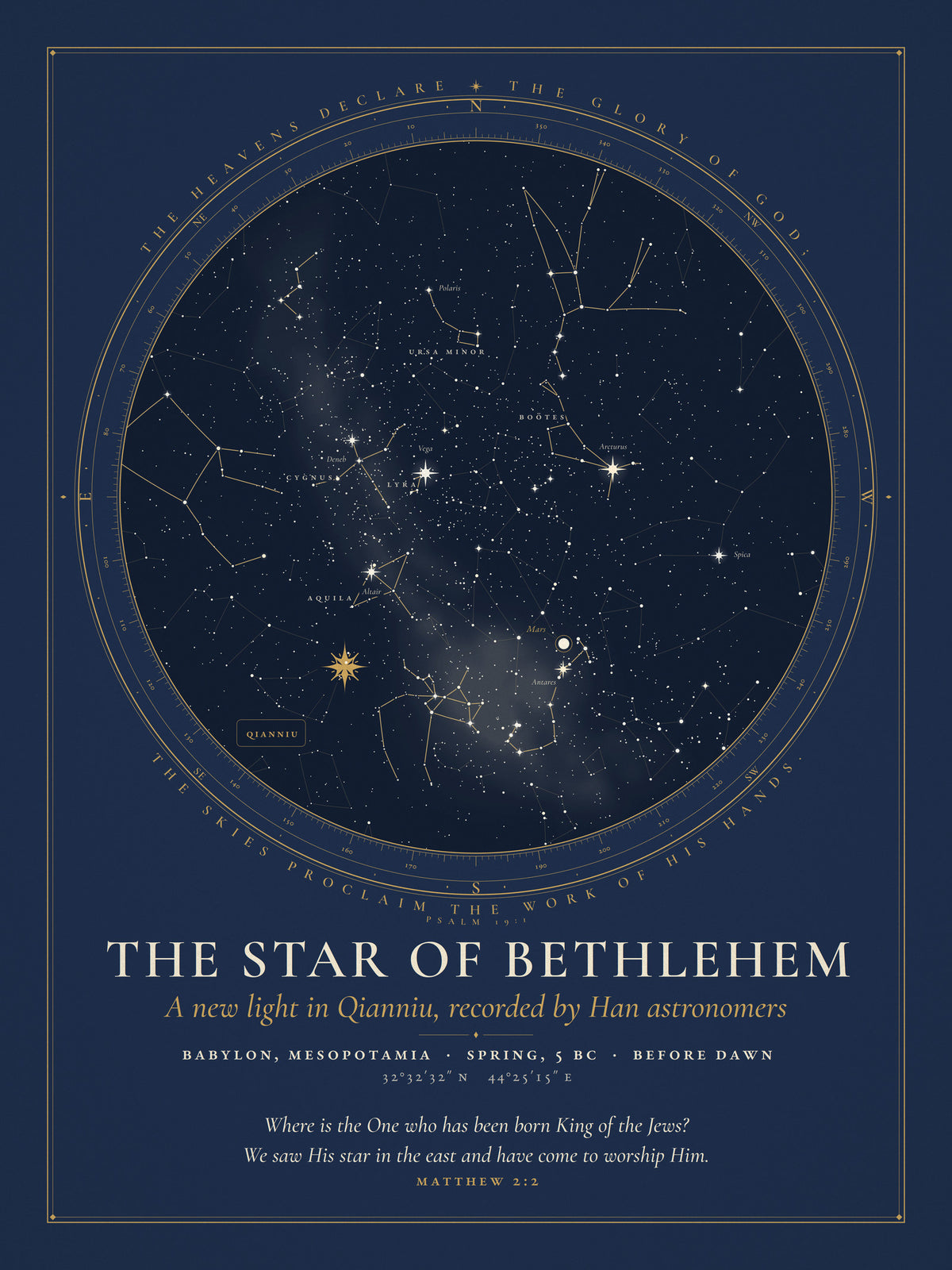 Star chart of the sky over Babylon for 5 BC, before dawn, with a star marking the region of Capricornus where Han astronomers recorded a new light in Qianniu.