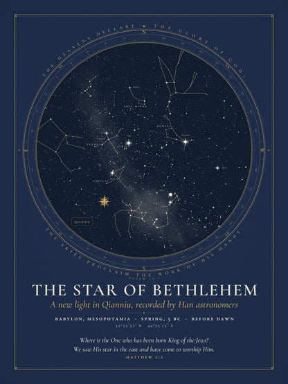 Star chart of the sky over Babylon for 5 BC, before dawn, with a star marking the region of Capricornus where Han astronomers recorded a new light in Qianniu.