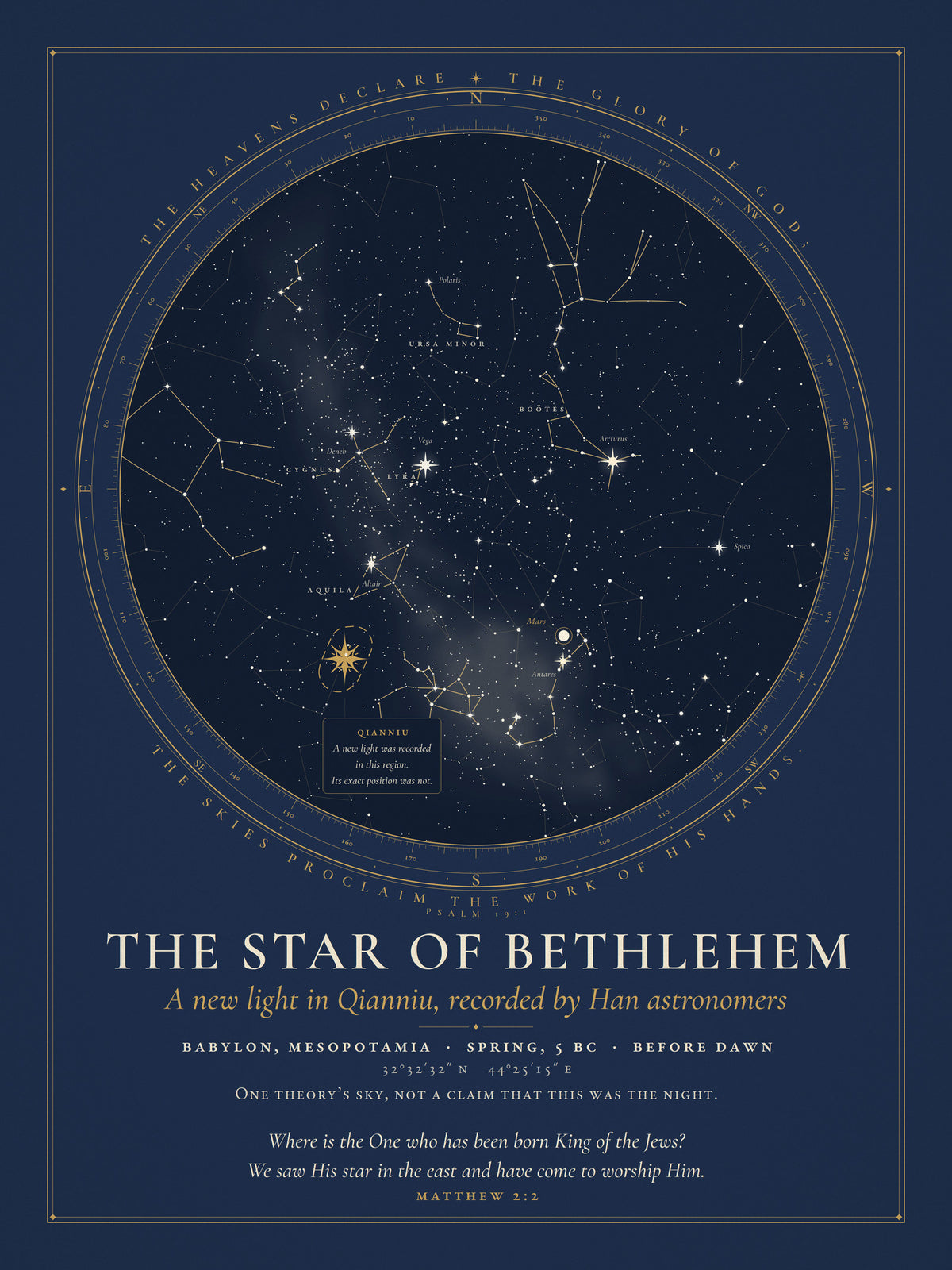 Star chart of the sky over Babylon for 5 BC, before dawn, with a dashed region in Capricornus marking where Han astronomers recorded a new light in Qianniu. One theory's sky.