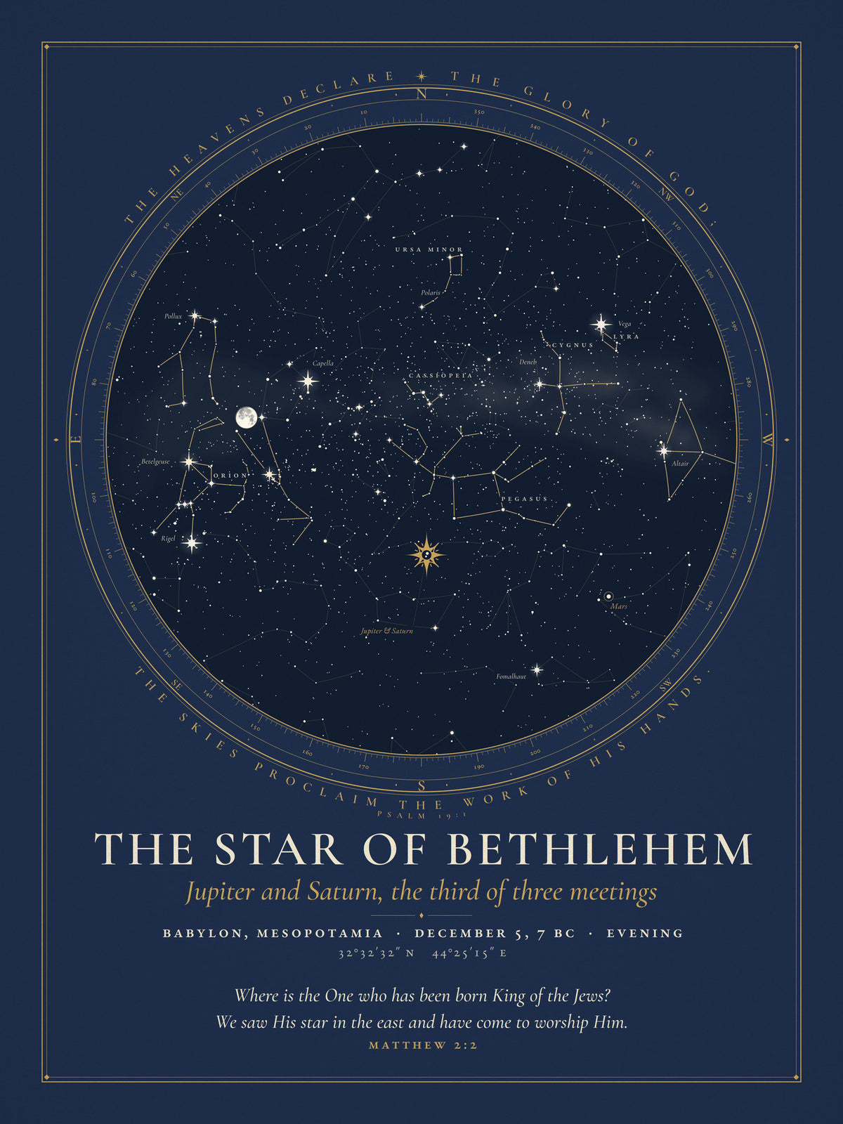 Star chart of the sky over Babylon on 5 December 7 BC, evening, with Jupiter and Saturn about a degree apart in Pisces, marked with a star.