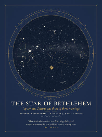 Star chart of the sky over Babylon on 5 December 7 BC, evening, with Jupiter and Saturn about a degree apart in Pisces, marked with a star.
