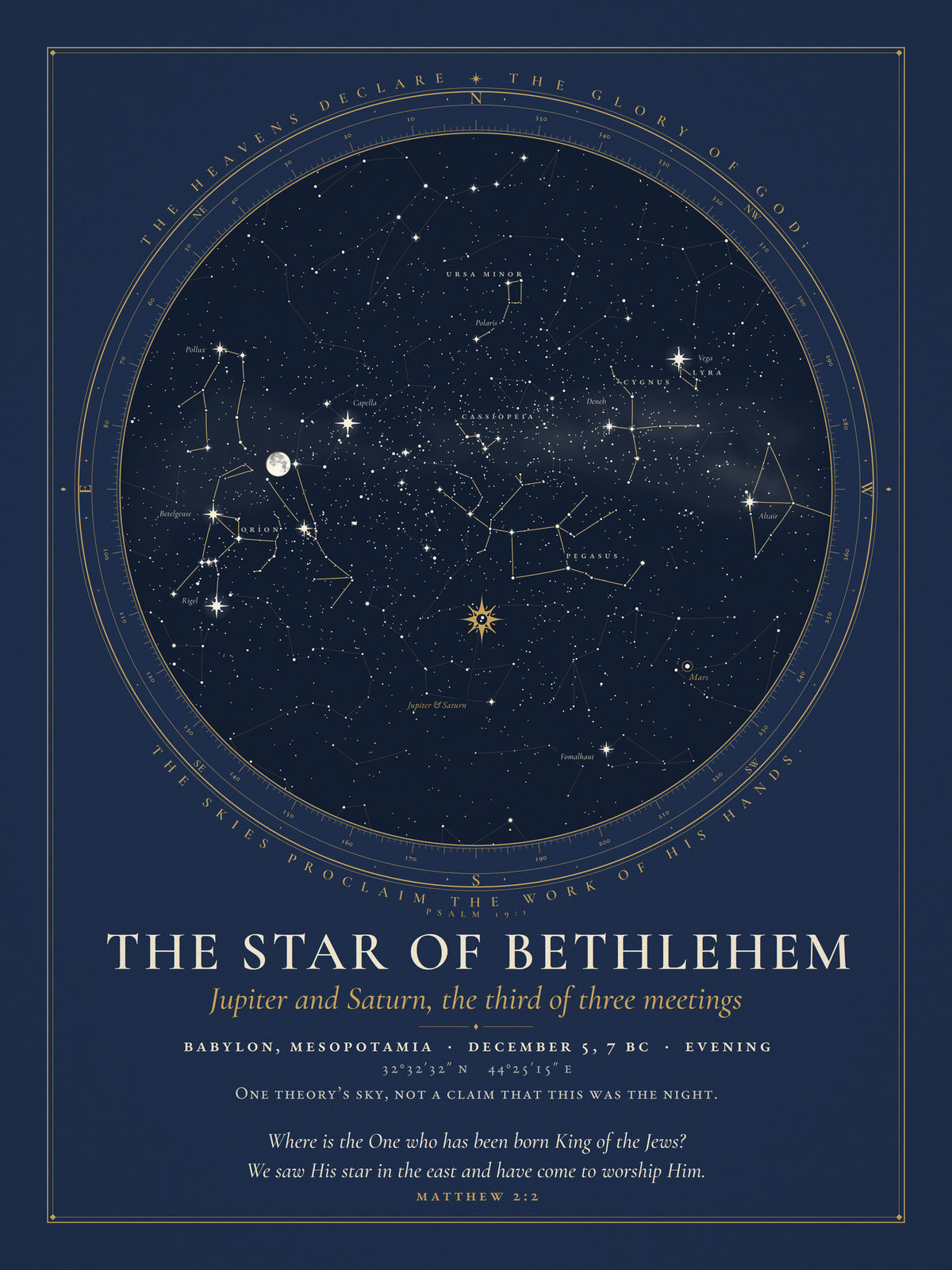 Star chart of the sky over Babylon on 5 December 7 BC, evening, with Jupiter and Saturn about a degree apart in Pisces, marked with a star. One theory's sky.