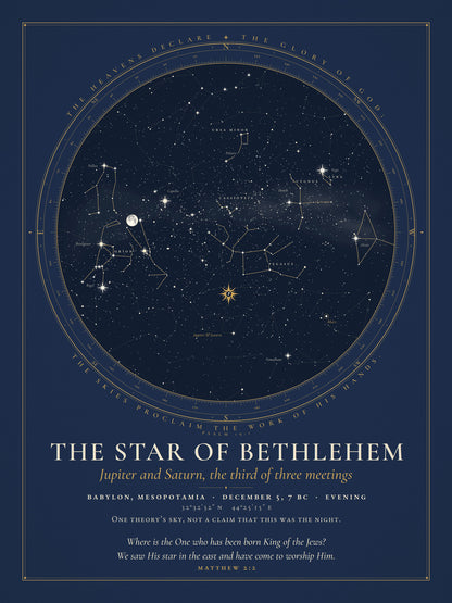 Star chart of the sky over Babylon on 5 December 7 BC, evening, with Jupiter and Saturn about a degree apart in Pisces, marked with a star. One theory's sky.