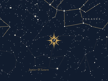 Close detail of the 7 BC chart at print resolution: the gold star ornament over Jupiter and Saturn, with Pegasus lines and stars around it.