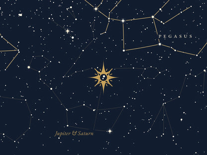 Close detail of the 7 BC chart at print resolution: the gold star ornament over Jupiter and Saturn, with Pegasus lines and stars around it.