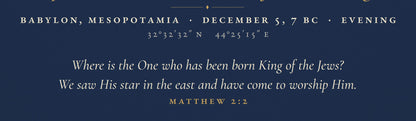 Close detail of the 7 BC chart at print resolution: the night line, the coordinates and the verse, Matthew 2:2.