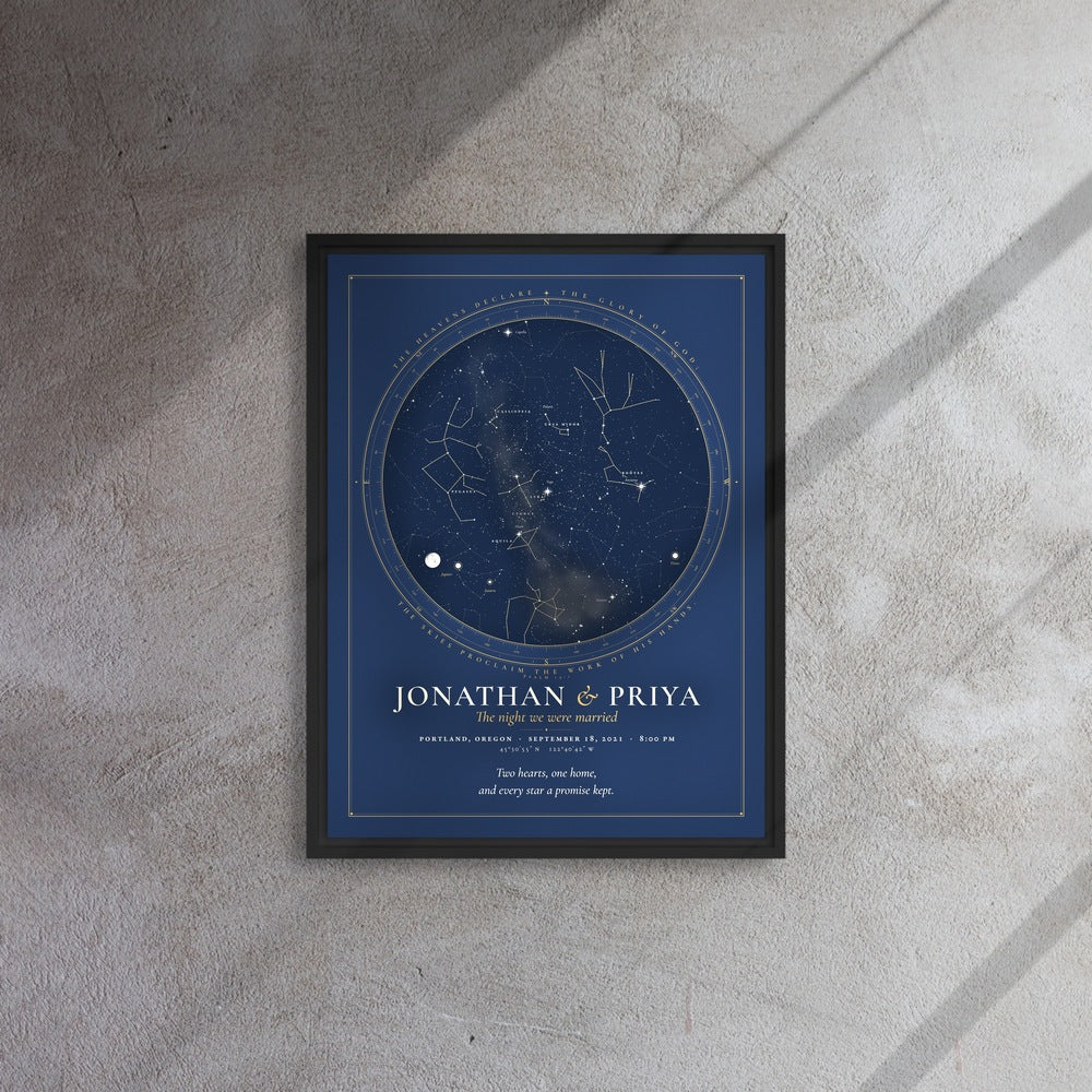 Framed night-sky canvas print on a concrete wall for Jonathan and Priya, a wedding on September 18, 2021 in Portland, Oregon, with their own two lines of words set beneath the chart