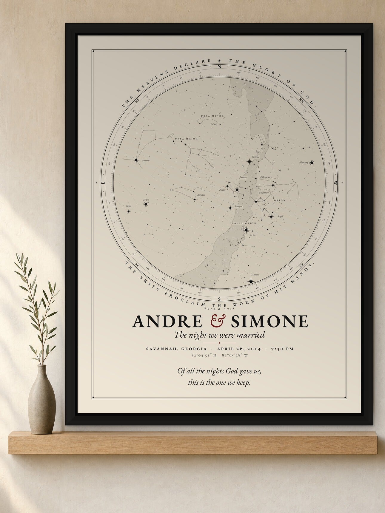 Framed canvas night-sky print in a black floating frame, ink on cream, for Andre and Simone, a wedding on April 26, 2014 in Savannah, Georgia, with their own two lines set beneath the chart