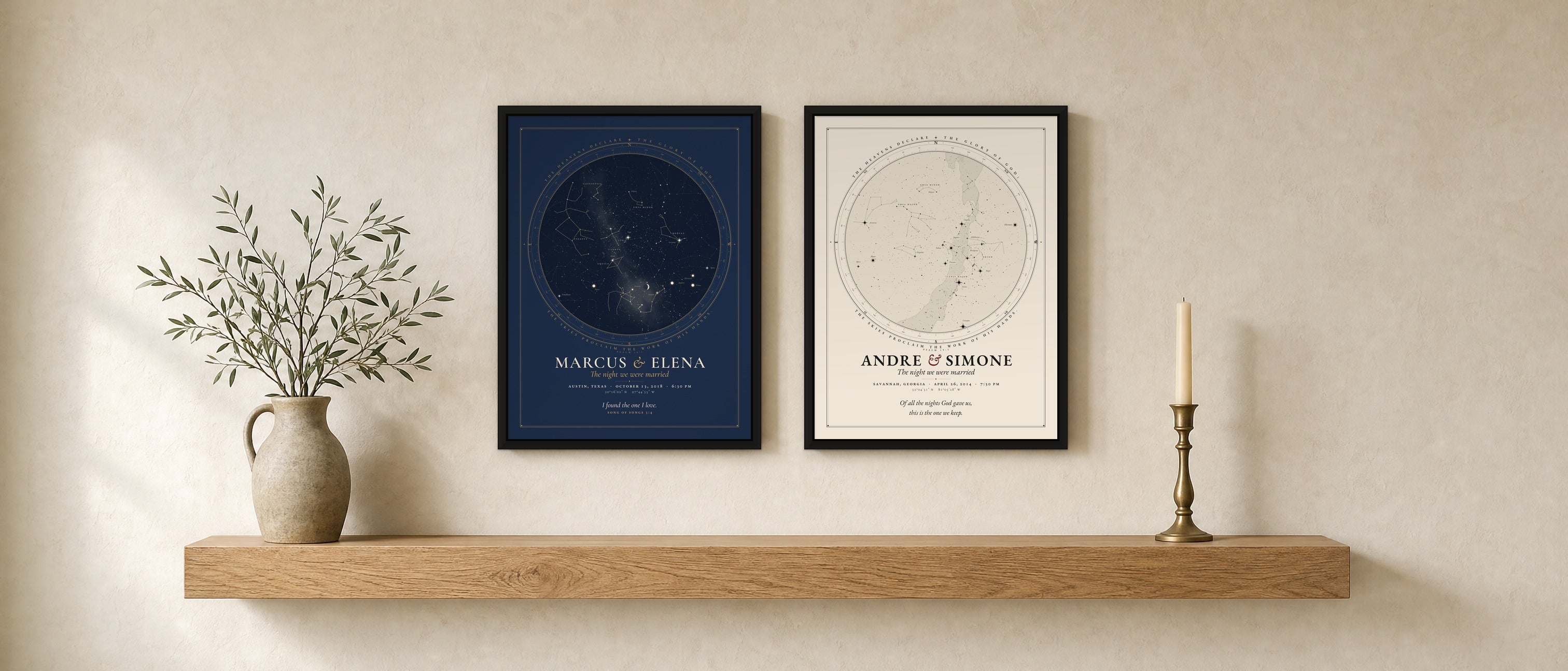 Two framed canvas night-sky prints in matching black floating frames above an oak shelf: Marcus and Elena, Austin, Texas, October 13, 2018, with Song of Songs 3:4, and Andre and Simone, Savannah, Georgia, April 26, 2014, with their own two lines
